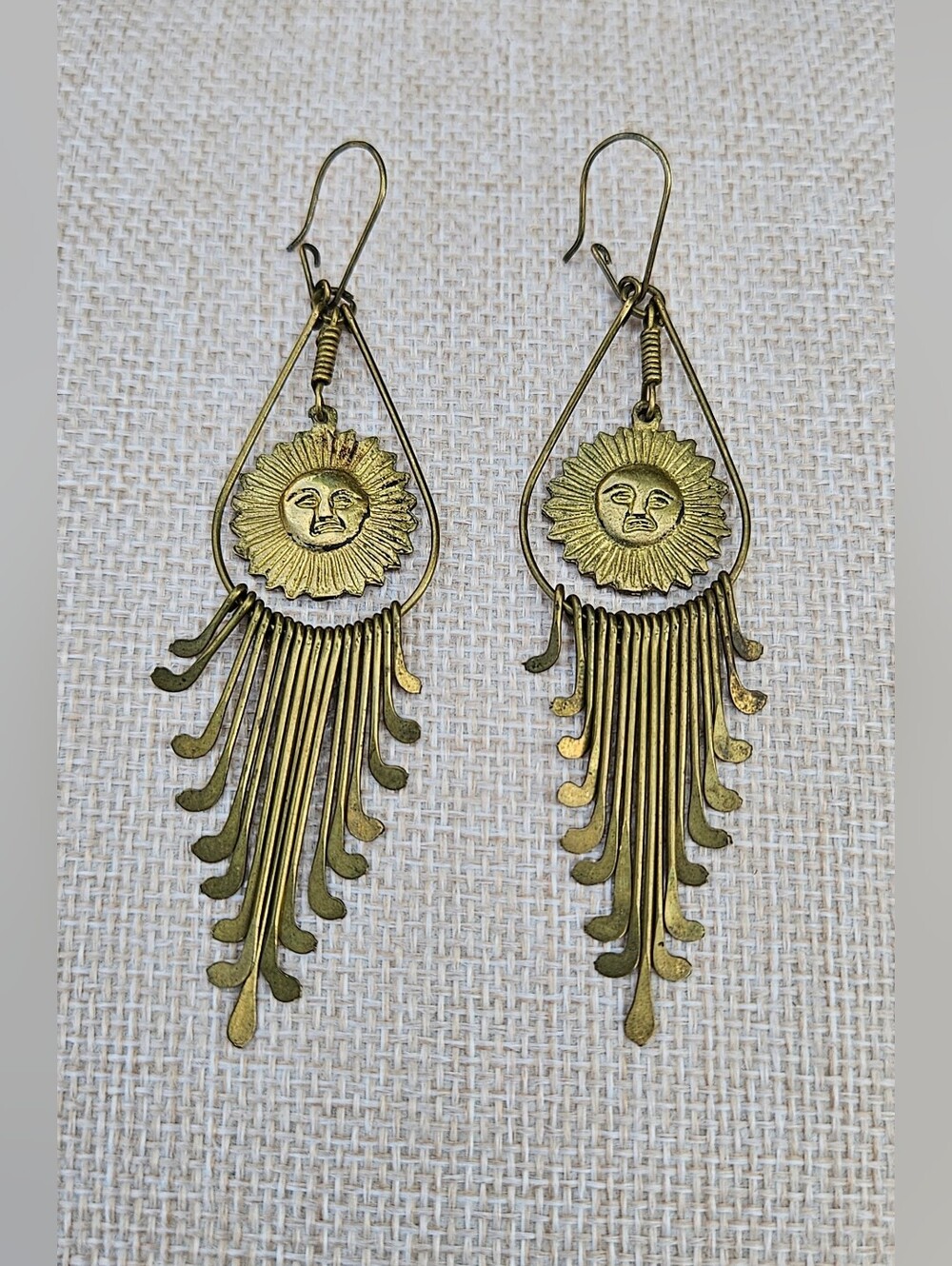 Vintage Boho Brass Coin Chain Necklace & Sun Face Chandelier Earring Set - Picture 2 of 8